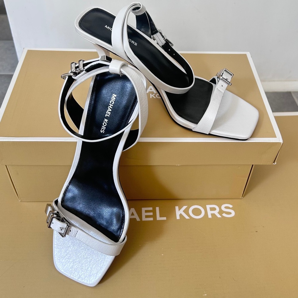 Michael Kors Darrington 3" Stiletto White Leather Buckle Sandals 7M